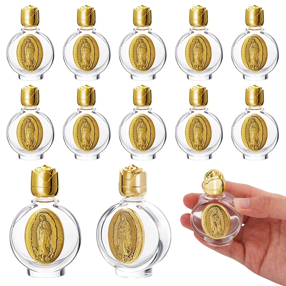 12 Pcs Holy Water Bottles 0.5 Floz Embossed Portable Empty Glass Travel Bottles with Lid Little Bottle Church Decorations