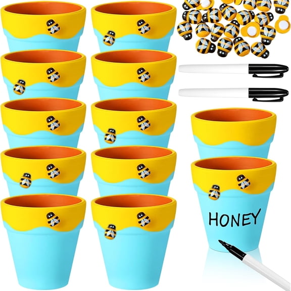 12 Pcs Honey Bee Pot, 3 Inch Honey Jars for Cupcake, Planter, Bee Themed Party Favors for Baby Shower 1st Birthday Party Supplies and Wedding Gifts (Yellow and Blue)