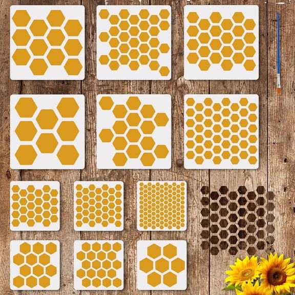 12 Pcs Honeycomb Painting Stencil with Brush 2 Size 7.87/11.18inch Square 12 Style Honeycomb Drawing Template DIY Decoration Stencil for Painting on
