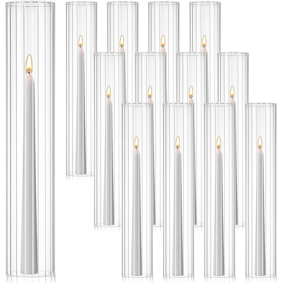 12 Pcs Hurricane Glass Candle Holders 2.5 x 14 Open Ended Tube Ribbed Shade Bottomless Chimney Cylinder Taper Candle Cover for Christmas Wedding Anniversary Table Centerpiece