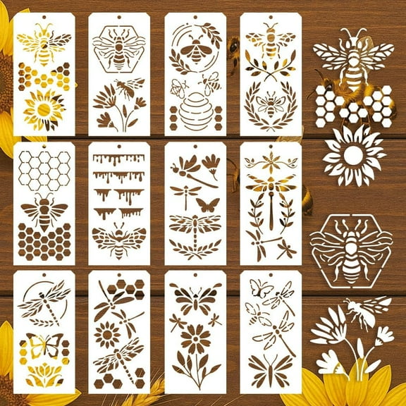 12 Pcs Insects Stencils for DIY Painting 12 Styles Bee Honeycomb Dragonfly Painting Stencils Reusable Art Drawing Templates for DIY Painting on Wall Wood Home Decor