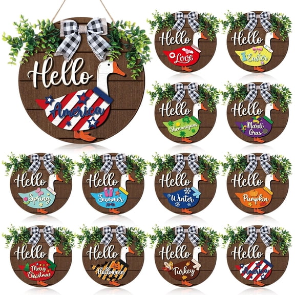 12 Pcs Interchangeable Wooden Goose Decor, 11.8 Inch Holiday Seasonal Welcome Changeable Hello Geese Signs Rustic Farmhouse Front Door Round Wreaths Hanging Decorations for Porch Home Outdoor