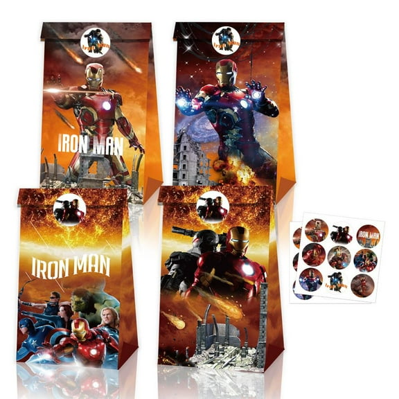 12 Pcs For Iron Man-Themed Party Favor Bags and 18 Iron Man Sticker Candy Treat Bags, 8.6*4.7*3.1 IN, for Birthday Decorations and Event Celebrations