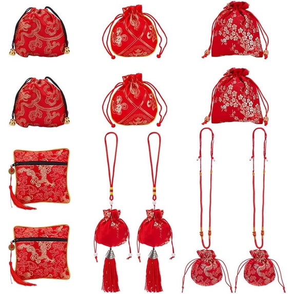 12 Pcs Jewelry Silk Purse Pouchs 6 Styles Vintage Red Embroidered Flower Jewelry Brocade Organizer Wrap with Zipper Small Drawstring Bag Jewelry Gift Bag for Wedding Travel Candy Storage Red