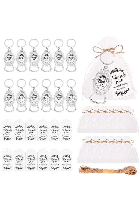 12 Pcs Keychain Bottle Openers with Organza Bags, Silver Zinc Alloy Keychains with "Thank You" Tags, Perfect for Weddings, Baptisms, and Parties