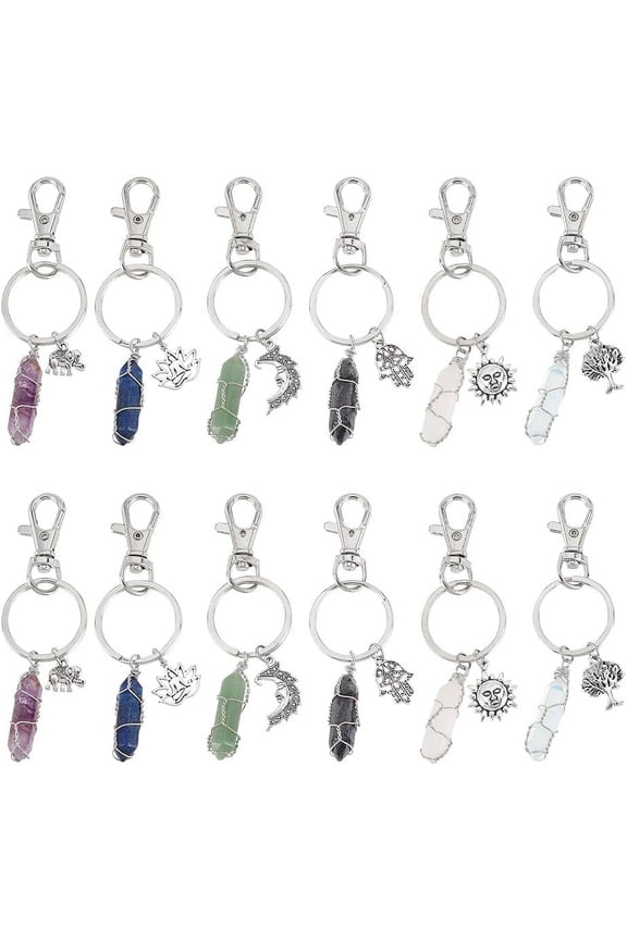 12 Pcs Keychain Hamsa Charm Natural Gemstone Copper Wire Wrapped Keychains Hamsa Hand Keyring with Swivel Lobster Claw Clasps Lucky Decor for Gift Bag Accessory Ornaments