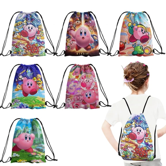 12 Pcs Kir-by Candy Drawstring Bag Drawstring Goodie Favor Bags for Boys and Girls Cartoon Birthday Party Decorations 27x34cm