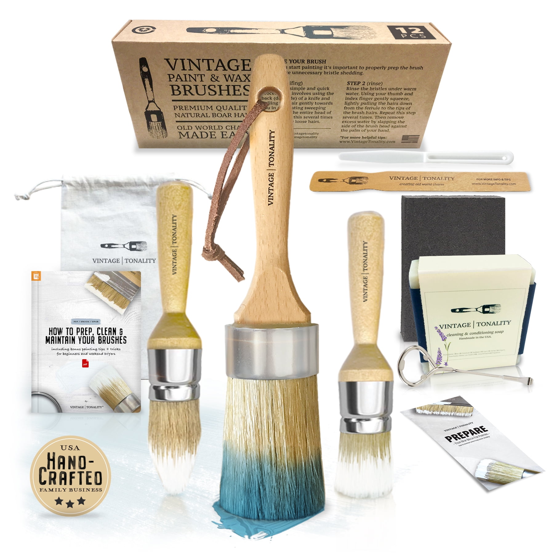 12 Pcs Kit Chalk Wax Paint Brush Set Natural Bristles Brushes for