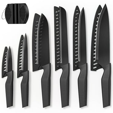 13 Pcs Kitchen Knives Set with Sharpener, Anti-Rust Coating, High Carbon Stainless Steel Chef Knife Sets with 6 Blade Guards, Dishwasher Safe, Black