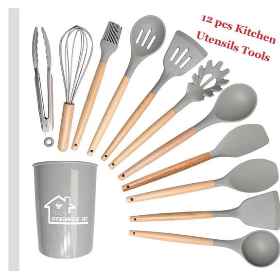 12 Pcs Kitchen Utensils Cooking Spatulas Nonstick Heat Resistant Silicone Kitchen Cookware Set(light grey)