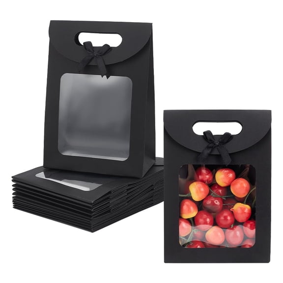 12 Pcs Kraft Paper Bags with Window, 2.8x7.87x7.68 Inch Stand Up Gift Bag with Handles Gift Bag with Clear Window for Candy Cookies Packaging Wedding Christmas Party Store Retail, Black
