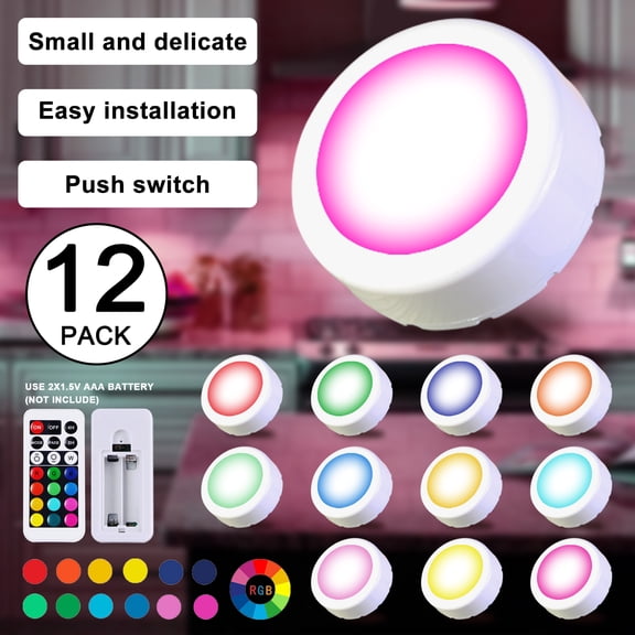 12 Pcs LED Color-changing Under Cabinet Light With Remote Control, LED Puck Light Push Light Stick Anywhere for Kitchen, Bedroom, Wardrobe, Shelf, Staircases...Powered by 3* AAA Batteries(EXCL.)