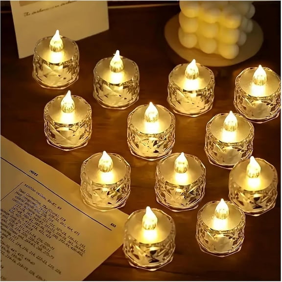 12 Pcs LED Tea Light Candles, Transparent Rhombus Crystal Warm Lights, Battery Operated Fake Candles Light, Battery Tea Lights Non Flickering For Votive Party Wedding Birthday Home Decoration