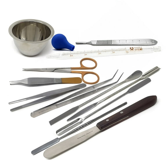 12 Pcs Lab Multipurpose Kit With Micro Scoop Spoon Spatulas, Tweezers, Pipette and a Mixing Bowl - Stainless Steel Science Students Kit