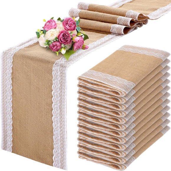 12 Pcs Lace Burlap Table Runner 12'' x 72'' Rustic Jute Hessian Farmhouse Country Vintage Romantic Fabric Cloth for Wedding Birthday Thanksgiving Party(Cute)
