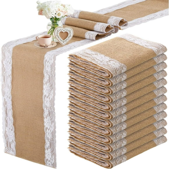 12 Pcs Lace Burlap Table Runner 12'' x 72'' Rustic Jute Hessian Farmhouse Country Vintage Romantic Fabric Cloth for Wedding Birthday Thanksgiving Party(Elegant) Khaki, White 12 x 72 inch