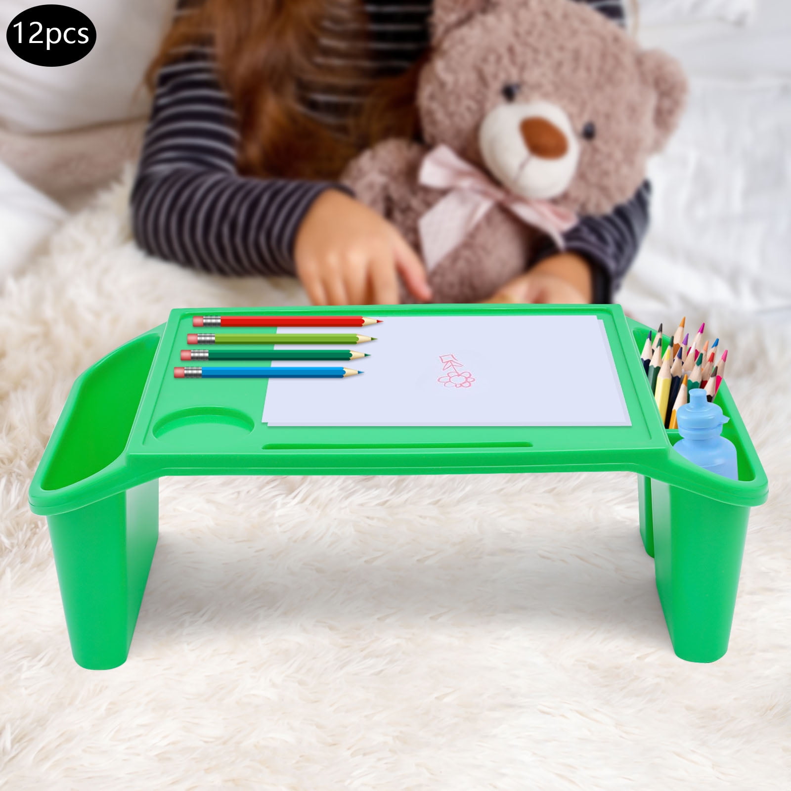 12 Pcs Lap Desk ,Tray Plastic Lap Bed Table for Eating Portable Breakfast Lap Storage Trays with Side Pockets ,Slots Stackable Lap Desk Tray for Writing Classroom Snacks
