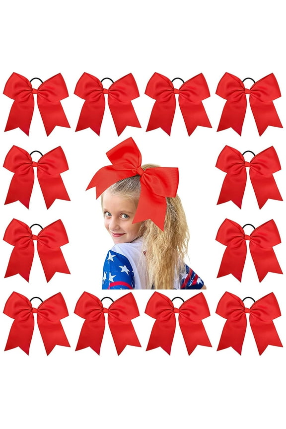 12 Pcs Large Cheer Bows 8" Bulk Hair Bow Accessories with Ponytail Holder for Girls High School College Cheerleading