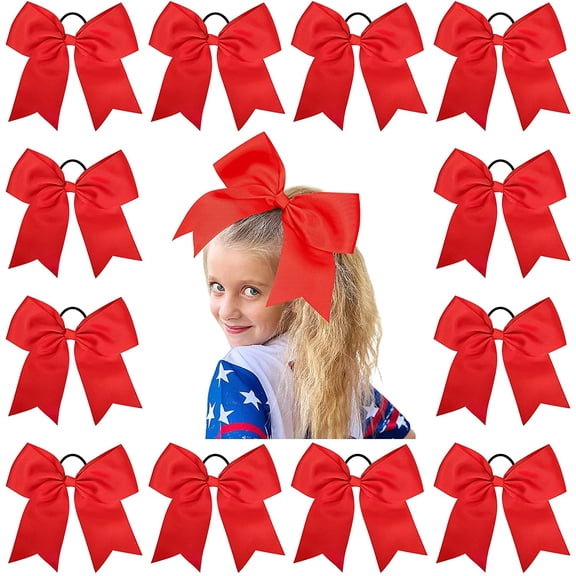12 Pcs Large Cheer Bows 8" Bulk Hair Bow Accessories with Ponytail Holder for Girls High School College Cheerleading