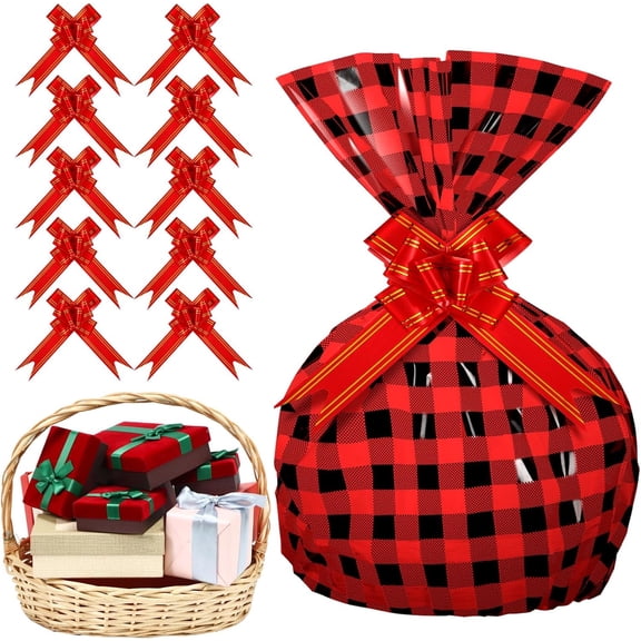12 Pcs Large Christmas ane Wrap for Gift Baskets, 40 x 28 Inch ane Empty Bags with 10 Bows Ribbon for Xmas Birthday Weddings Party Favors(Red and Black,Plaid)
