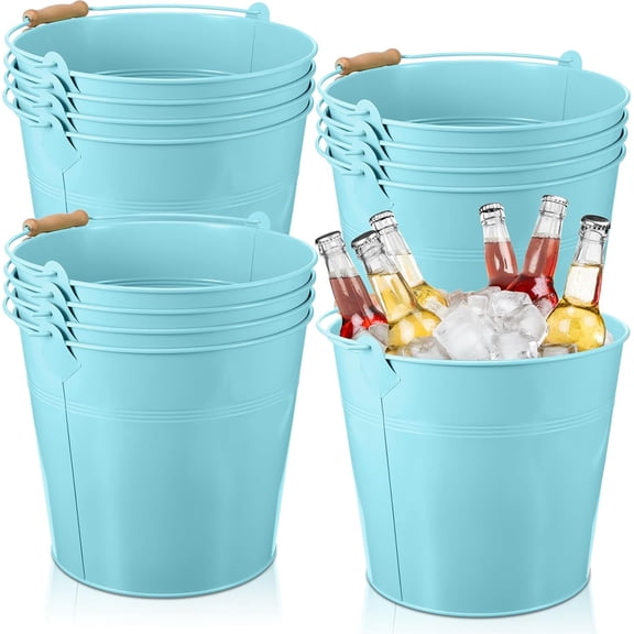 12 Pcs Large Galvanized Metal Buckets with Handle 10 Inch Heavy Duty Stainless Steel Pails Round Pail for Party Wedding, Crafts, Utensils, Table Centerpieces (Light Blue)