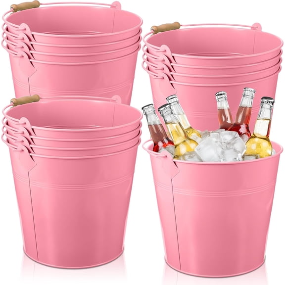 12 Pcs Large Galvanized Metal Buckets with Handles, 10 Inch Heavy Duty Round Steel Pails for Party, Wedding, Crafts, Utensils, Table Centerpieces, Pink