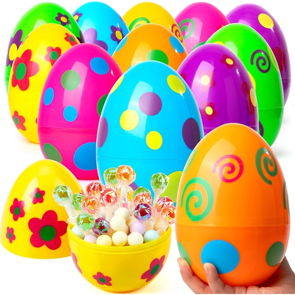 12 Pcs Large Printed Easter Eggs, 6 Inches Jumbo Plastic Eggs Fillable for Easter Themed Hunt Basket Stuffers Fillers Filling Treats Party Favor Classroom Prize Supplies