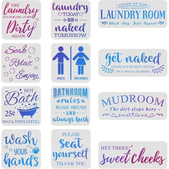 12 Pcs Laundry Stencils Plastic Bathroom Rules Drawing Painting Sets Laundry Words Template Reusable Laundry Room Painting Stencils