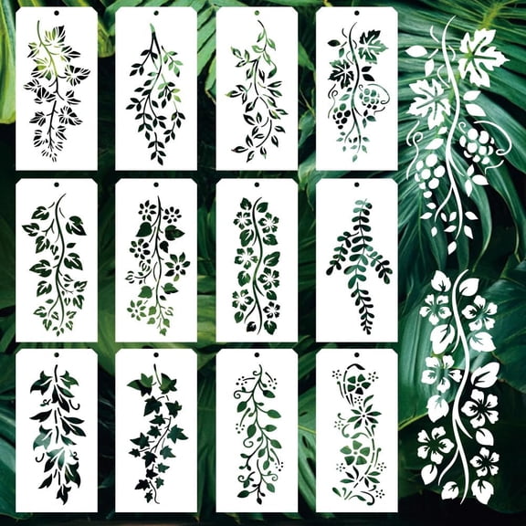 12 Pcs Leaf Vine Stencils for DIY Painting 12 Styles Plant Leaves Painting Stencils Reusable Art Drawing Templates for DIY Painting on Wall Wood Home Decor