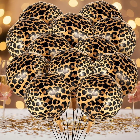 12 Pcs Leopard & Cheetah Print Foil Balloons 22 Inch 4D Large Metallic Round Leopard Balloons Cheetah Print Decoration for Birthday Party Camo Animal Jungle Adventure Baby Shower Wedding