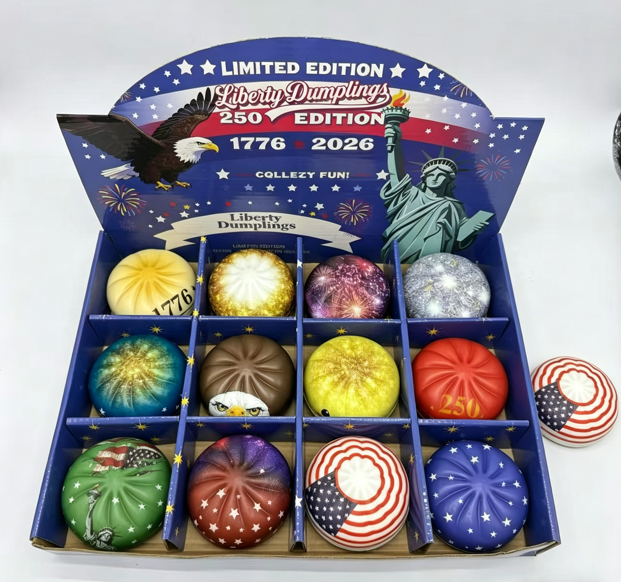 12 Pcs Liberty Dumplings 1776-2026 USA 250 Year Anniversary Dumpling Squishies, Squishy Fidget Fidget Toys for Anxiety Relief, 250 Anniversary USA Giant Glitter Dumplings Box for Adults (Muticolor)
