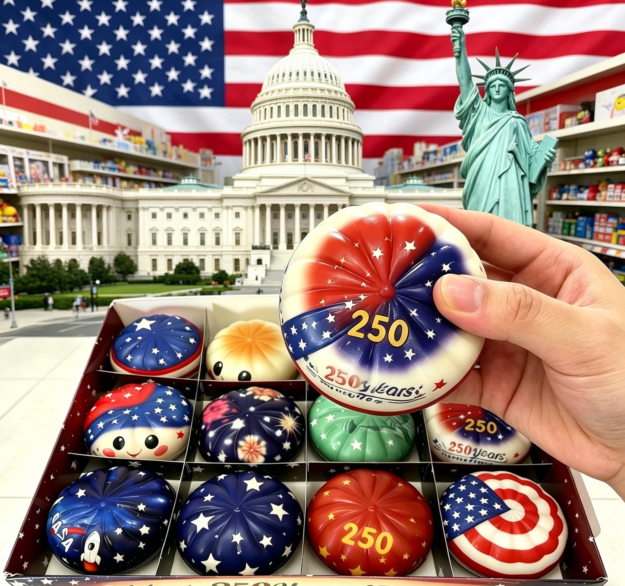 12 Pcs Liberty Dumplings 1776-2026 USA 250 Year Anniversary Dumpling Squishies, Squishy Fidget Fidget Toys for Anxiety Relief, 250 Anniversary USA Giant Glitter Dumplings Box for Adults (Muticolor)