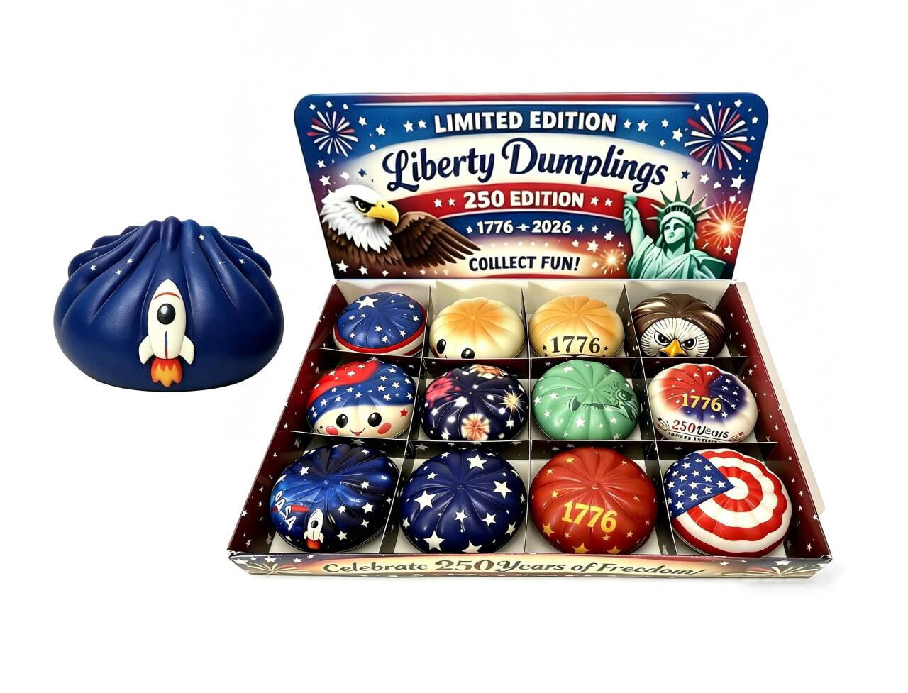 12 Pcs Liberty Dumplings 1776-2026 USA 250 Year Anniversary Dumpling Squishies, Squishy Fidget Fidget Toys for Anxiety Relief, 250 Anniversary USA Giant Glitter Dumplings Box for Adults (Muticolor)