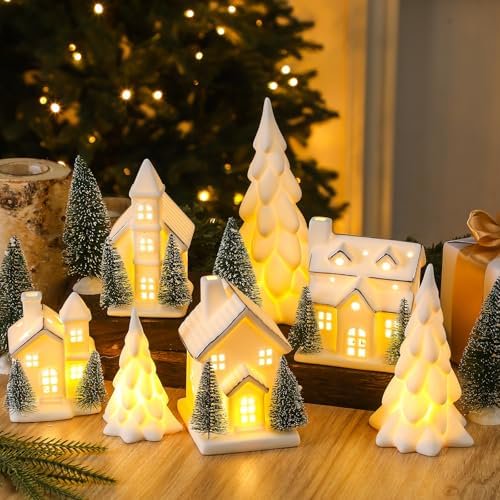 12 Pcs Lighted Ceramic White Christmas Village Houses Set Including 4 Ceramic Christmas Village Houses 3 Porcelain Tree and 5 Sisal Tree for Home Decoration, Winter Holiday DIY, Gift