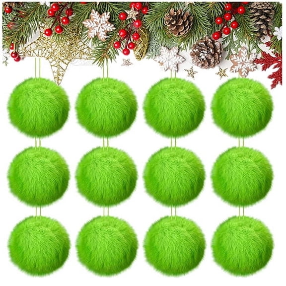 12 Pcs Lime Green Furry Christmas Ball Ornaments, Furry Ornaments for Tree Green Christmas Hanging Decorations, Soft Faux Fur Pom Pom Ball Ornaments for Christmas Party Tree Home Supplies
