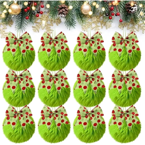 12 Pcs Lime Green Furry Christmas Ball Ornaments for Tree 2.36inch Green Red Christmas Hanging Decorations Soft Faux Fur Pom Pom Ball Ornaments for Christmas Party Tree Home Supplies