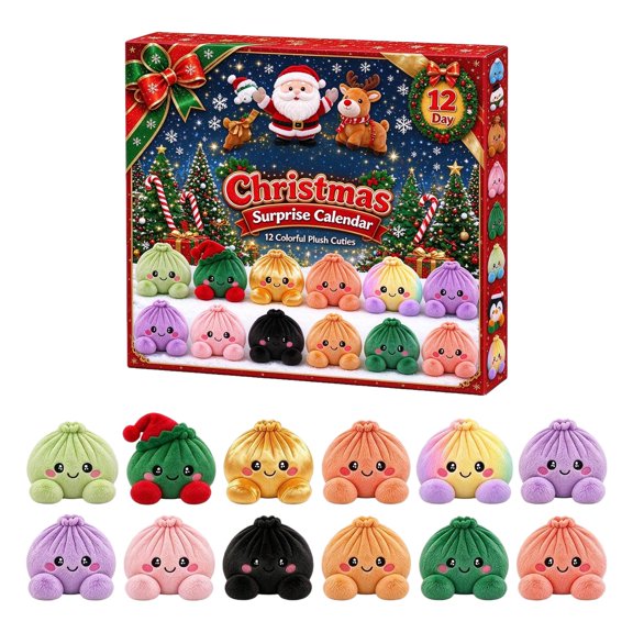 12 Pcs Macaron Color Plush Dumpling Squishy Set, Christmas Advent Calendar Blind Box, Soft Fluffy Slow Rebound Stress Relief Calming Fidget Toy for Daily and Holiday Use