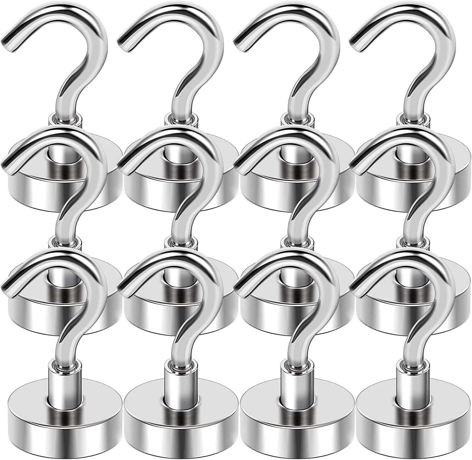 12 Pcs Magnetic Hooks 25Lbs+ Neodymium Rare Earth With 3 Layers Ni Super Strong