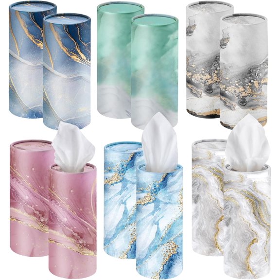 12 Pcs Marble Car Tissues Cylinder Holder with 3 Ply Facial Tissue Bulk Round Tissue Holder Travel Tissues Boxes Container for Car Cup Wedding Birthday Party
