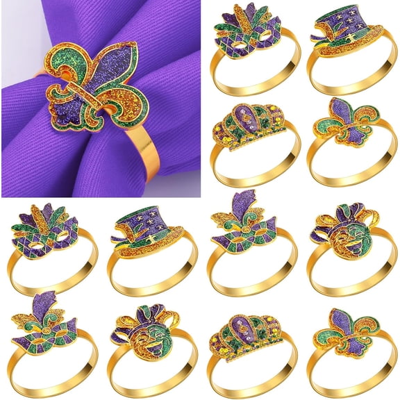 12 Pcs Mardi Gras Napkin Rings Fleur De Lis Napkin Cloth Holder Rings Mardi Gras Napkins Decorations Glitter Purple Gold Mask Crown Jester Hat Masquerade Dinner Party Table Supplies(Elegant)