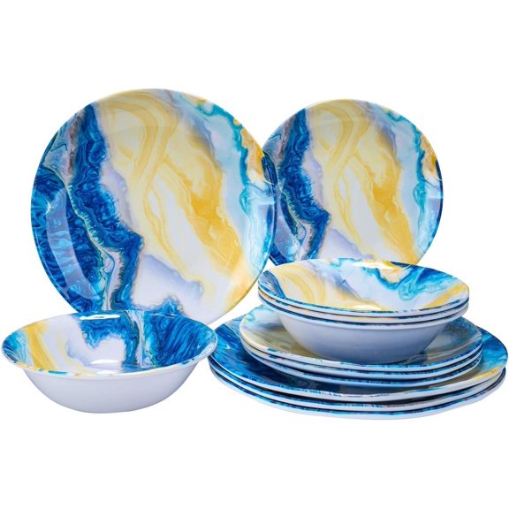 12 Pcs Melamine Dinnerware Set - Indoor and Outdoor Durable Plastic Dishes DishwareMelamine Dinner Plates and Bowls Sets Service for 4Lightweight UnbreakableLandscape Painting