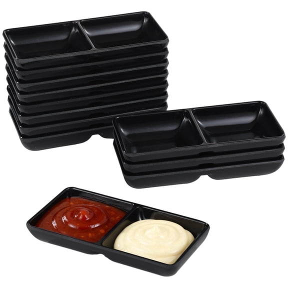 12 Pack Melamine Divided Dipping Dishes  Dual-Compartment Soy Sauce Bowls, 5.7" Rectangular Serving Bowls for Sushi, Dumplings & Parties, Commercial & Home Use, Black