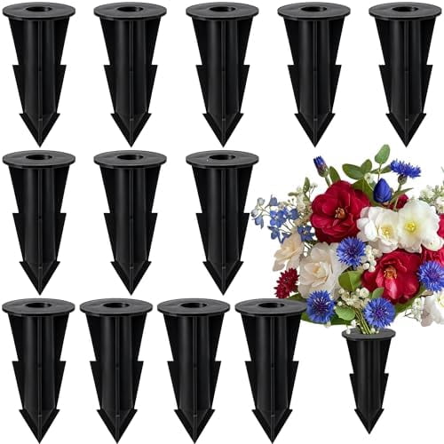 12 Pcs Memorial Artificial Flower Holder, Patio Garden Floral Ground Spikes, Cemetery Flower Container Stakes for Outdoor Yard Grave Faux Flowers Indoor Window Box Planter Pot (Black)