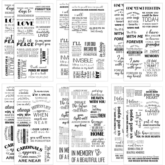 12 Pcs Memories Quotes Stickers Clear and Black PVC Loving Memory Stickers Inspirational Family Sympathy Adhesive Word Decals for Scrapbooking Funeral Board Commemoration, 6 Styles