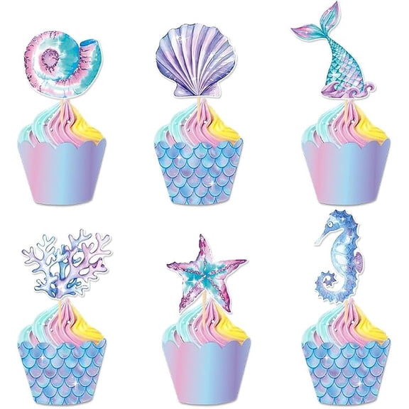 12 Pcs Mermaid Cupcake Toppers Under The Sea Party Decor Starfish Shell Tail Seaweed Leaves DIY Crafts