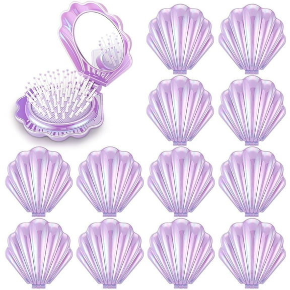 12 Pcs Mermaid Party Favor Foldable Shell Hair Brush with Mirror Mini Travel Pocket Compact Hair Brush Makeup Comb for Women Girls Hairstyles Gift Birthday Party Supplies