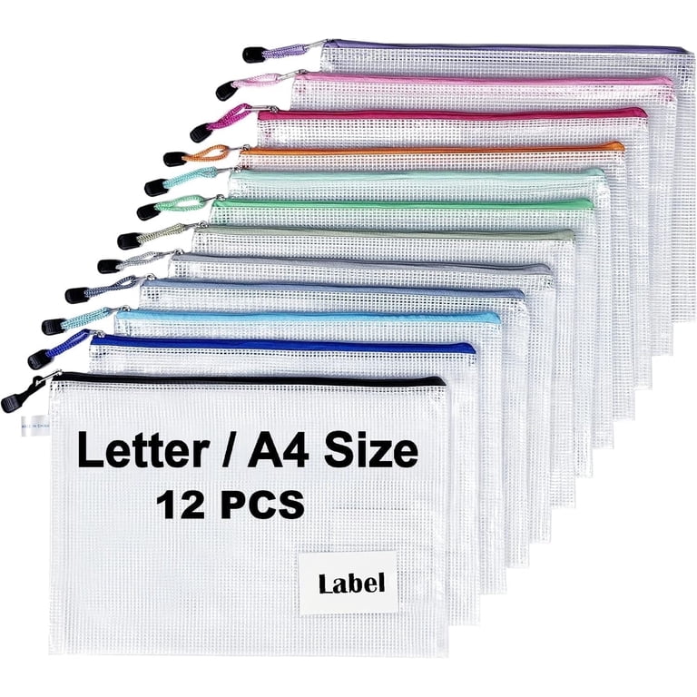 12-Pcs A4/Letter Size Mesh Zipper Pouch with Label Pocket, TRANBO