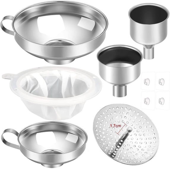 12 Pcs Metal Canning Funnels Set Wide Mouth Mason Jar Funnels for Filling Stainless Steel Kitchen Filter with Strainer Mesh Filter Brushes and Adhesive Hooks, Silver