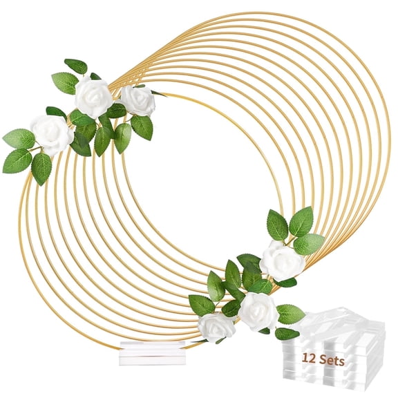 12 Pcs Gold Metal Floral Hoops with Clear Acrylic Stands, 11.8" Circle Wreath Rings for DIY Centerpieces, Wall Hanging Crafts, Rust-Proof, Ideal for Wedding, Baptism & Party Decor