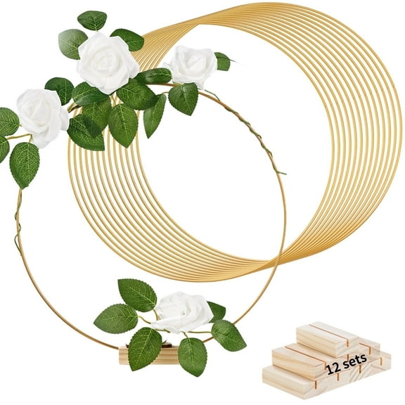 12 Pcs Metal Floral Hoops, Table Circle Centerpieces with Stands, Gold Wreath Rings with Holders for DIY, Wall Hanging Crafts for Baptism Party, Wedding Decor